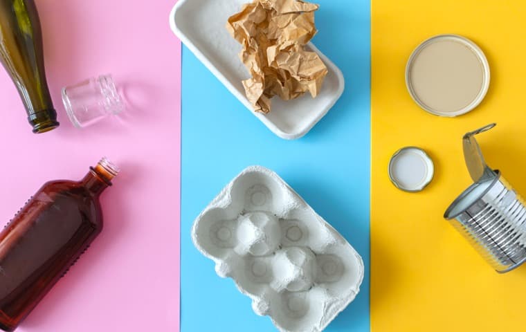 Förpackningar av glas, papper och metall mot färgglada bakgrunder.