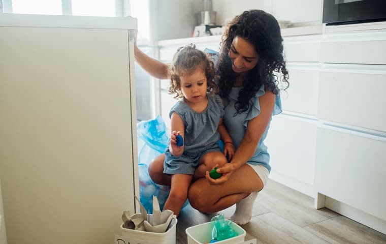 Mamma och barn som sorterar förpackningar för återvinning i sitt kök