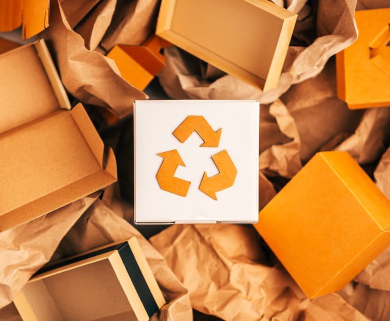 Återvinningssymbol omgiven av pappersförpackningsmaterial