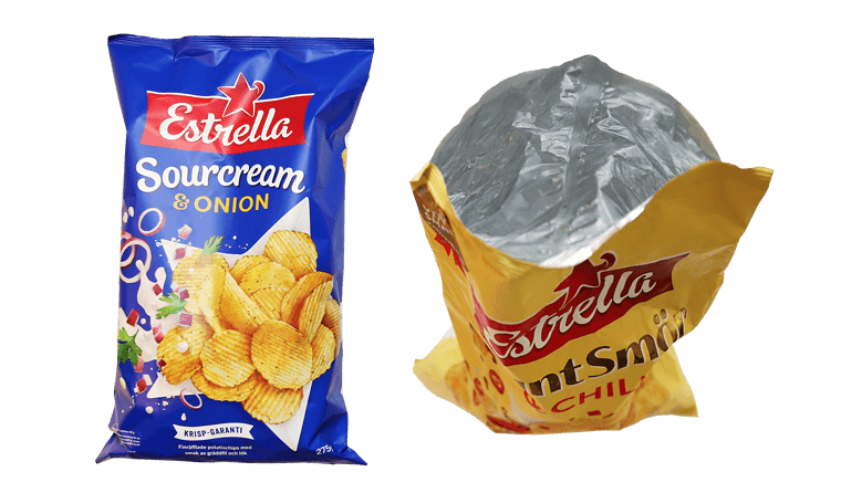 Två Estrella chipsförpackningar. En stängd och en öppen.
