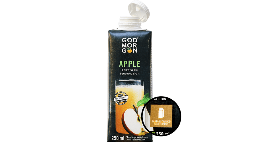 En liten förpackning Godmorgon äpplejuice med sorteringsmärkning på.