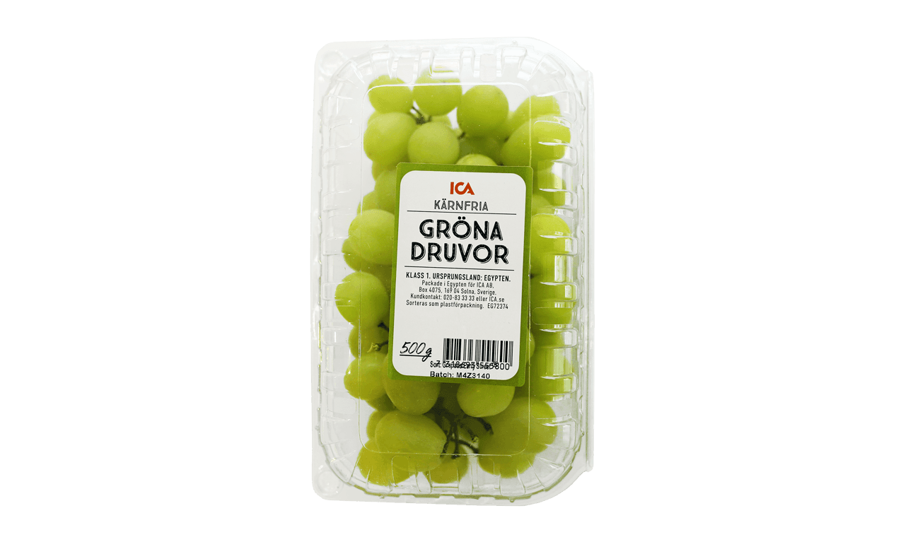 En förpackning med ICAs kärnfria gröna druvor.