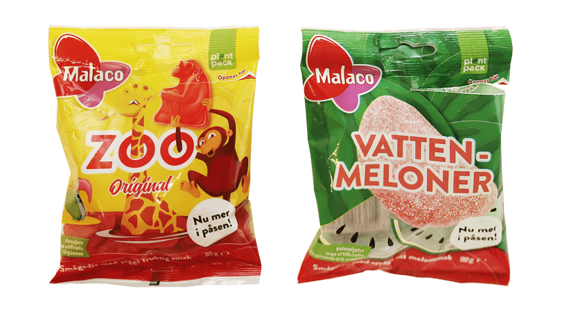 Två Malaco godispåsar. En oöppnad och en öppnad.