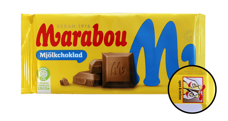 En förpackning Marabou mjölkchoklad med öppningsinstruktioner på.