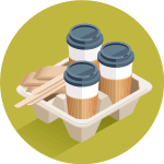 Illustration på tre engångsmuggar i en take-away kartong.