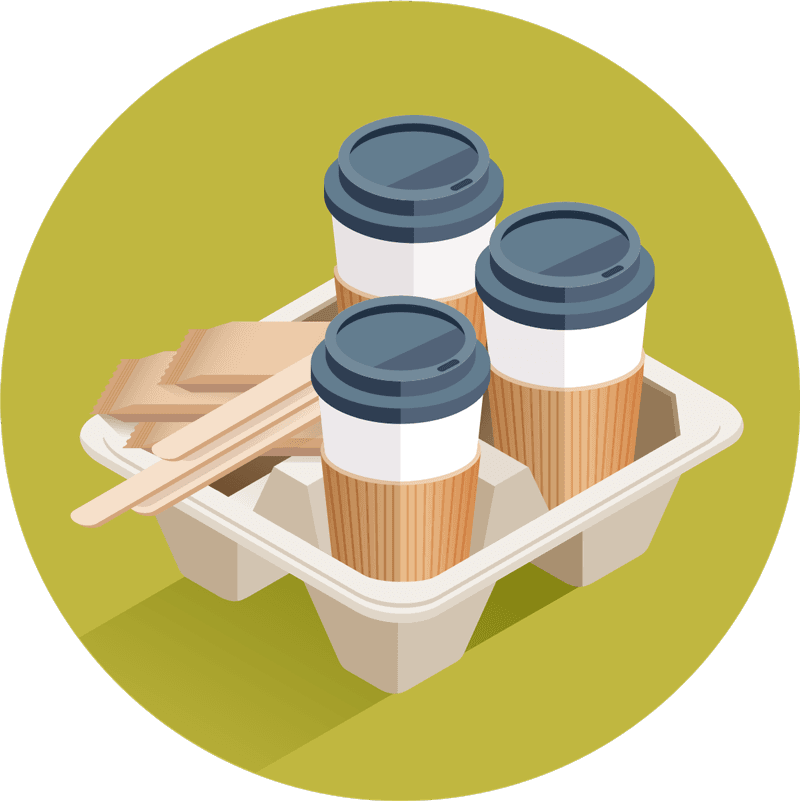 Illustration på tre engångsmuggar i en take-away kartong.