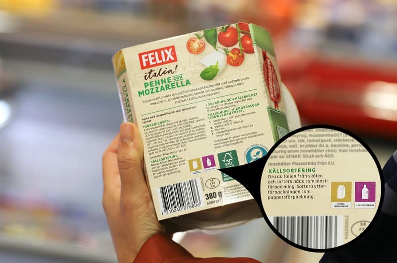 En hand som håller en matförpackning med märkning som visar att förpackningen ska källsorteras som papper och plast.