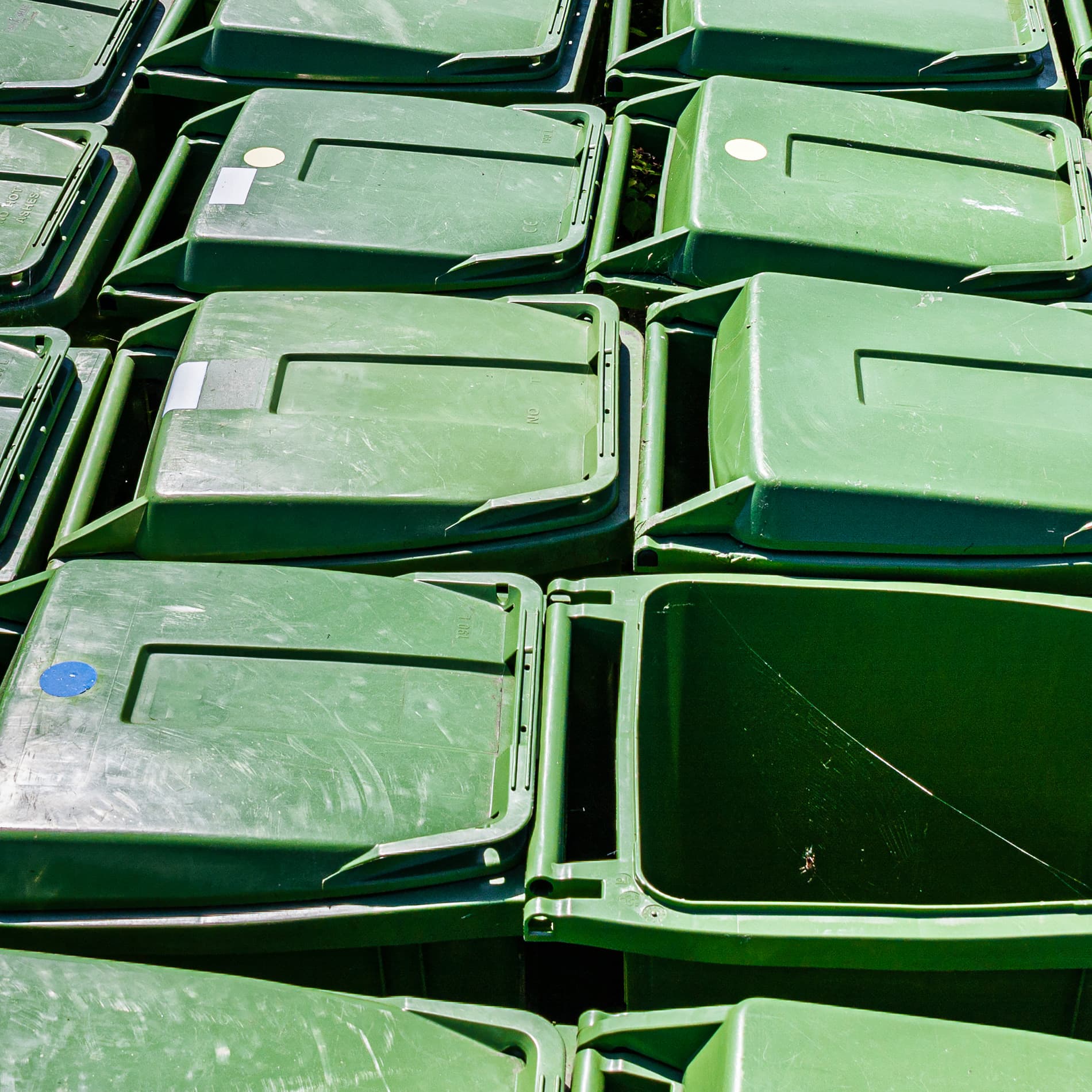 Rader av återvinningskärl. Foto: Peter Vahlersvik