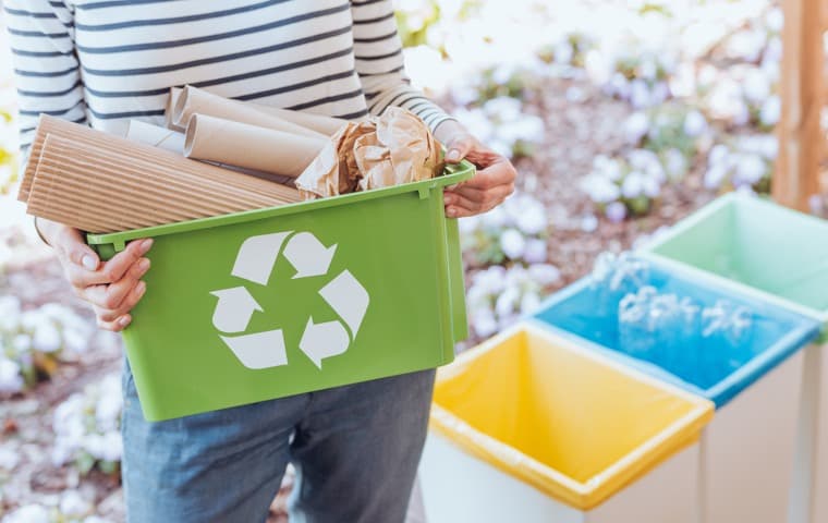 Person som håller ett grönt återvinningskärl med pappersförpackningar.