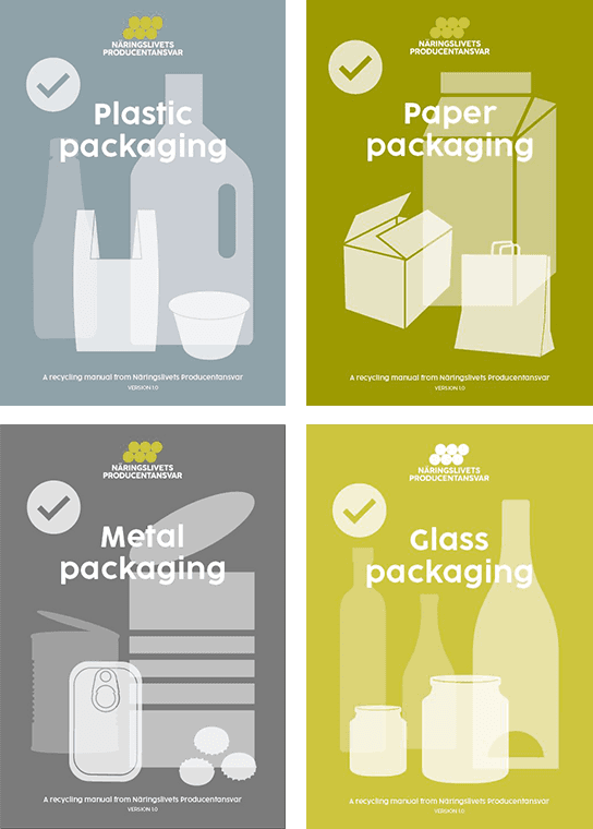 Fyra förpackningsmanualer i olika färger bredvid varandra.