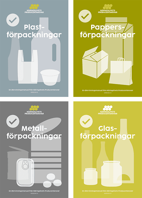 Fyra förpackningsmanualer i olika färger bredvid varandra.