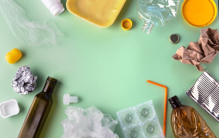 Förpackningar av plast, papper, metall och glas mot en plan yta